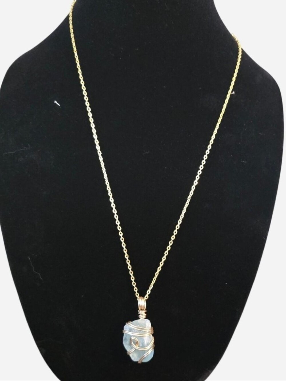 Sea glass wire wrapped pendant necklace with goldtone chain